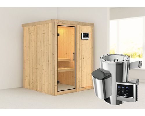 Sauna modulaire Karibu Sinja avec poêle 3,6 kW et commande externe, sans couronne, avec porte entièrement vitrée transparente