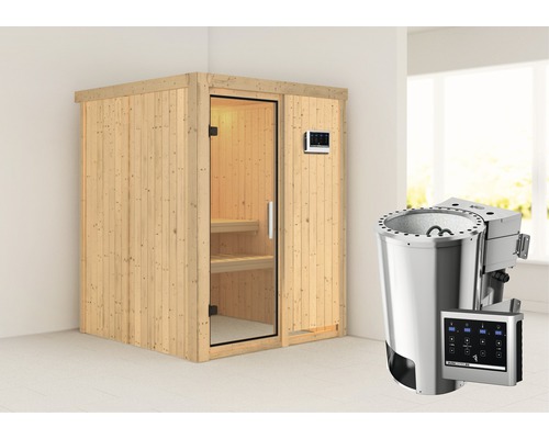 Sauna modulaire Karibu Sinja avec poêle bio 3,6 kW et commande externe, sans couronne, avec porte entièrement vitrée transparente