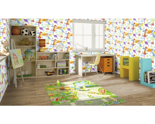 Chambre d''enfant avec bureau, bibliothèque et papier peint dinosaures