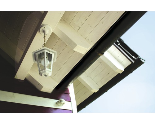 Vue extérieure d''une maison avec une gouttière et une lampe d''extérieur suspendue