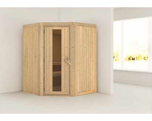 Sauna modulaire Karibu Kanja sans poêle ni couronne, avec porte en bois et verre isolé thermiquement