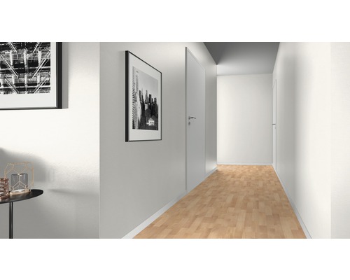 Couloir avec sol stratifié, portes intérieures et décoration murale