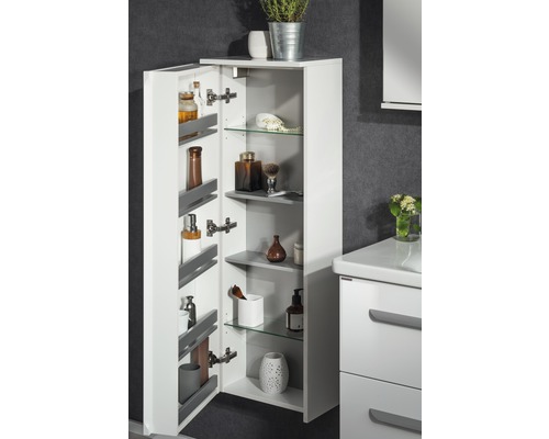 Armoire coffre Fackelmann blanc 115x40,5x26 cm avec 8 compartiments gauche Armoire de salle de bain ouverte avec étagères en verre et divers articles de toilette