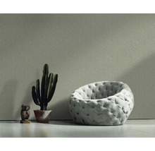 Vue intérieure avec fauteuil, cactus et figurine décorative devant un mur à motifs