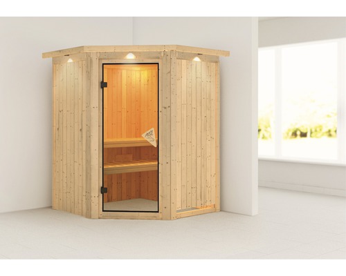 Sauna Plug & Play Karibu Achat II sans poêle avec couronne et porte entièrement vitrée couleur bronze