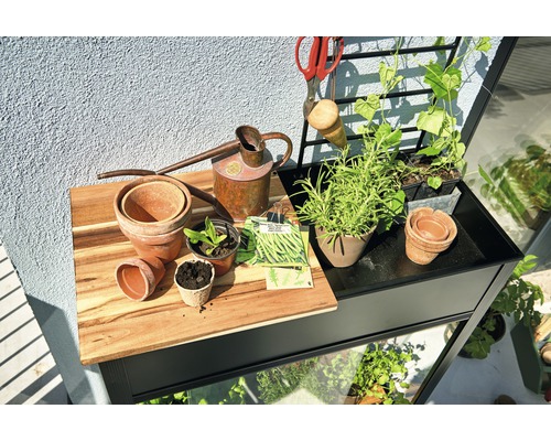 Hochbeet mit Blumentöpfen, Giesskanne, Gartenschere und Pflanzensamen auf einem Balkon