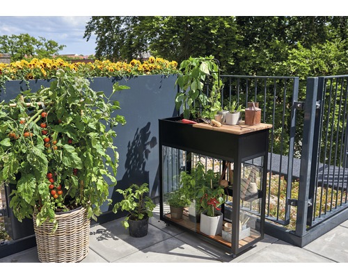 Gartenarbeitstisch mit Pflanzen auf einem Balkon.