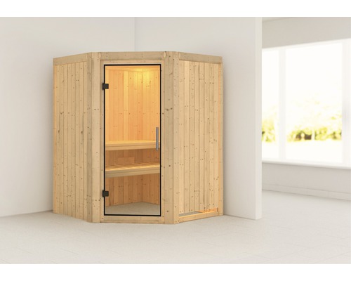 Sauna modulaire Karibu Kanja sans poêle ni couronne, avec porte entièrement vitrée transparente