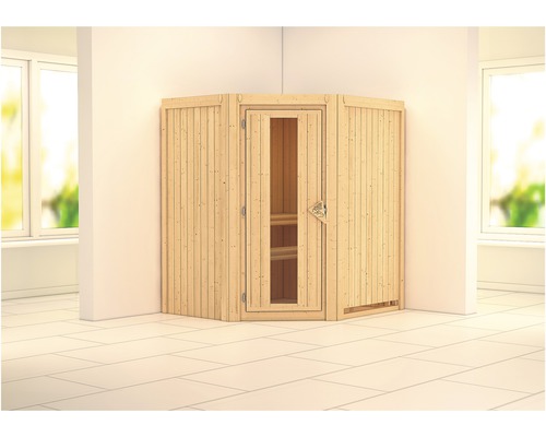 Sauna modulaire Karibu Monja sans poêle ni couronne, avec porte en bois et verre isolé thermiquement