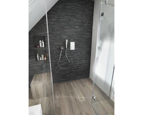 Salle de bains avec douche, mur en pierre et parquet.