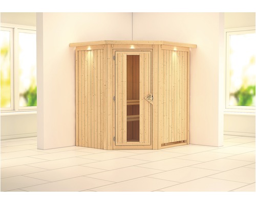 Sauna modulaire Karibu Achat III sans poêle, avec couronne et porte bois en verre isolé thermiquement