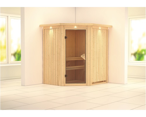 Sauna modulaire Karibu Achat III sans poêle, avec couronne et porte vitrée coloris bronze