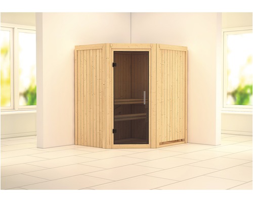 Sauna modulaire Karibu Monja sans poêle ni couronne, avec porte entièrement vitrée coloris graphite