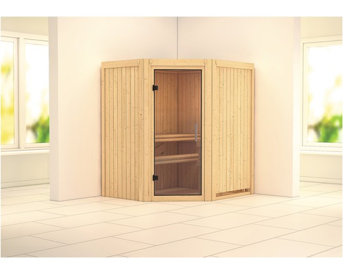 Sauna modulaire Karibu Monja sans poêle ni couronne, avec porte entièrement vitrée transparente