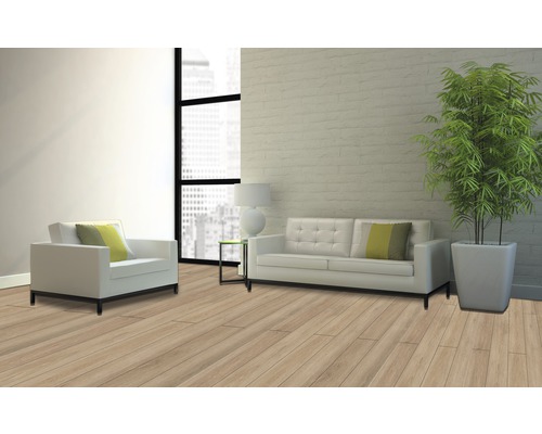 Heller Wohnraum mit Laminatboden, Sofa und Sessel