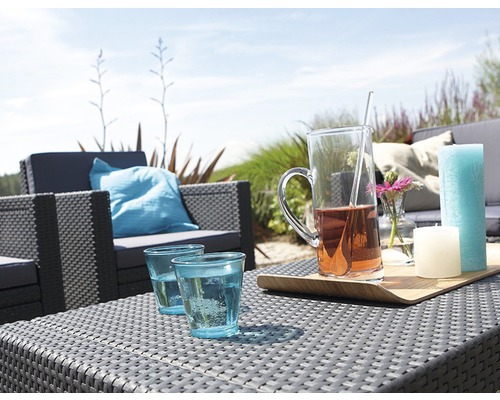 Gartensitzgruppe mit Tisch, Gläsern, Getränkekrug und Dekoration für den Aussenbereich