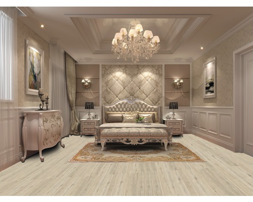 Chambre lumineuse avec lit double, tables de chevet, commode et tapis sur le sol