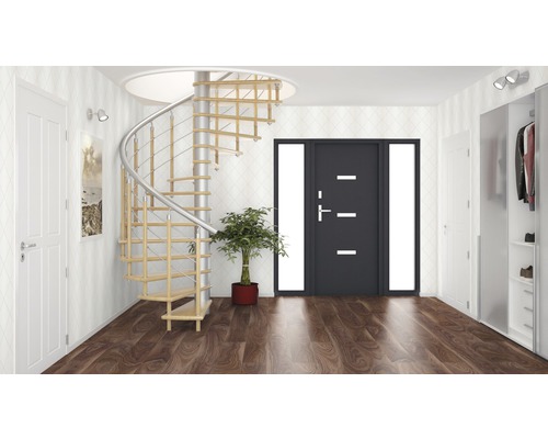 Heller Flur mit Wendeltreppe, Haustür und Garderobenschrank