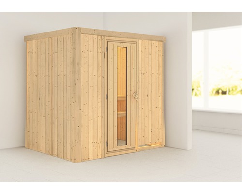 Elementsauna Karibu Wanja ohne Ofen und Dachkranz mit Holztüre und Isolierglas wärmegedämmt