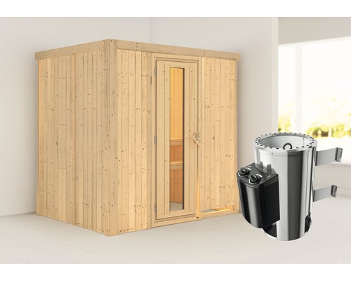 Sauna modulaire Karibu Wanja avec poêle 3,6 kW et commande intégrée, sans couronne avec porte bois en verre isolé thermiquement