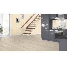 Pièce lumineuse avec sol stratifié, escalier et kitchenette