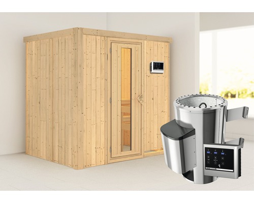 Sauna modulaire Karibu Wanja avec poêle 3,6 kW et commande intégrée, sans couronne avec porte bois en verre isolé thermiquement