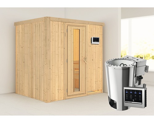 Sauna modulaire Karibu Wanja avec poêle Bio 3,6 kW et commande externe, sans couronne, avec porte bois en verre isolé thermiquement