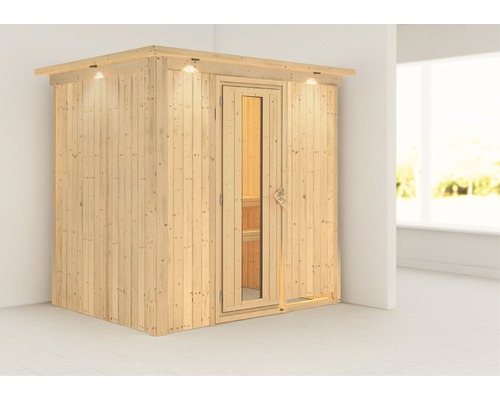Sauna modulaire Karibu Achat V sans poêle, avec couronne et porte bois en verre isolé thermiquement