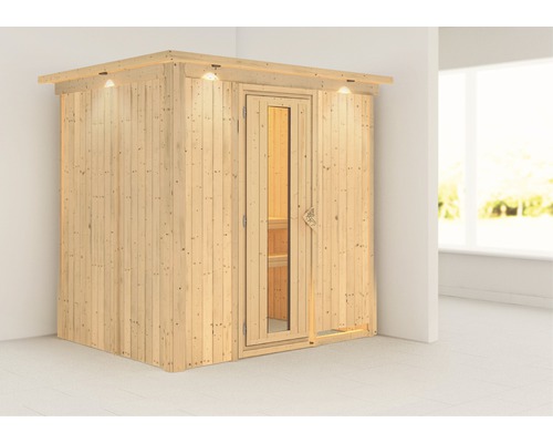 Elementsauna Karibu Achat V ohne Ofen mit Dachkranz und Holztüre mit Isolierglas wärmegedämmt