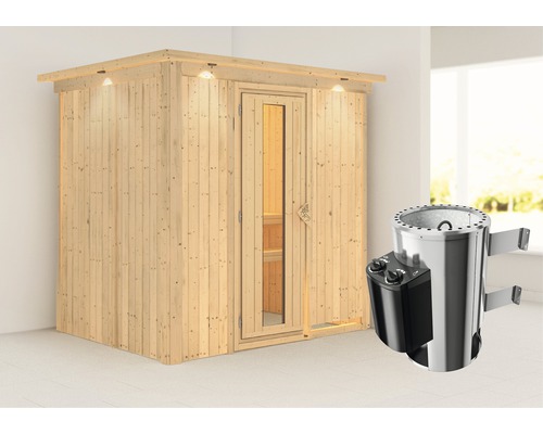 Sauna modulaire Karibu Achat V avec poêle 3,6 kW et commande intégrée, avec couronne et porte bois en verre isolé thermiquement