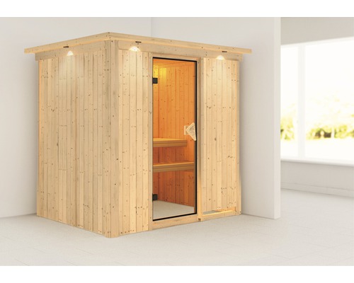Sauna modulaire Karibu Wanja sans poêle, avec couronne et porte vitrée coloris bronze
