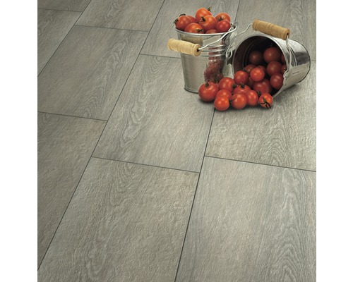 Verlegter Bodenbelag in Holzoptik mit zwei Metalleimern und Tomaten