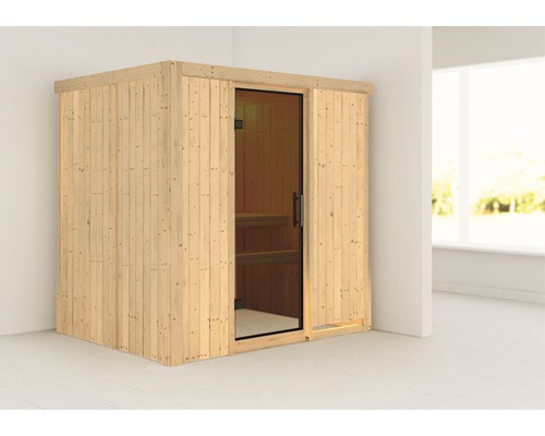 Sauna modulaire Karibu Wanja sans poêle ni couronne, avec porte entièrement vitrée coloris graphite