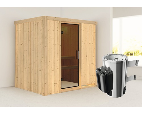 Sauna modulaire Karibu Wanja avec poêle 3,6 kW et commande intégrée sans couronne avec porte entièrement vitrée coloris graphite