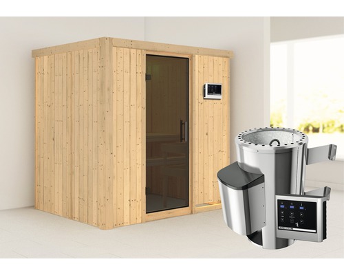 Sauna modulaire Karibu Wanja avec poêle 3,6 kW et commande externe, sans couronne avec porte entièrement vitrée coloris graphite