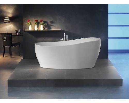 Baignoire indépendante Sempre 180x85 cm blanche avec évacuation Klick-Klack Salle de bains moderne avec baignoire îlot, lavabo et éléments décoratifs