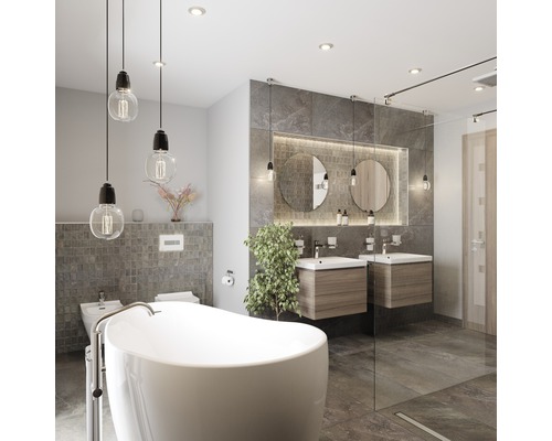 Modernes Badezimmer mit freistehender Badewanne, Waschtischen und grauen Fliesen