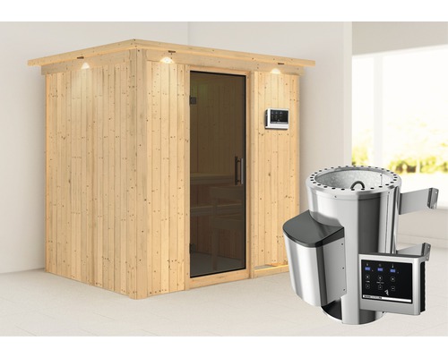 Sauna modulaire Karibu Wanja avec poêle 3,6 kW et commande externe, avec couronne et porte entièrement vitrée coloris graphite