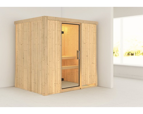 Sauna modulaire Karibu Wanja sans poêle ni couronne, avec porte entièrement vitrée transparente