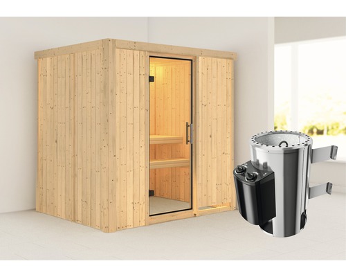 Sauna modulaire Karibu Wanja avec poêle 3,6 kW et commande intégrée sans couronne, avec porte entièrement vitrée transparente