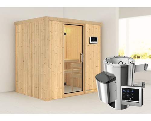 Sauna modulaire Karibu Wanja avec poêle 3,6 kW et commande externe, sans couronne, avec porte entièrement vitrée transparente