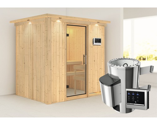 Sauna modulaire Karibu Wanja avec poêle 3,6 kW et commande externe, avec couronne et porte entièrement vitrée transparente