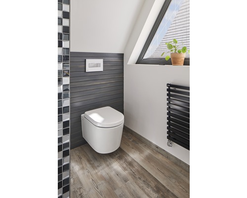 Salle de bains avec WC suspendu, plancher en bois et fenêtre de toit