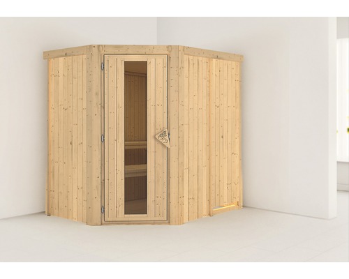 Sauna modulaire Karibu Laja sans poêle ni couronne, avec porte en bois et verre isolé thermiquement