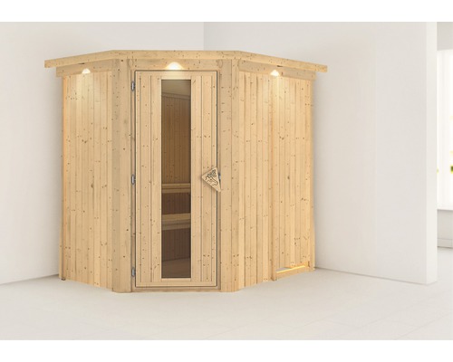 Sauna modulaire Karibu Achat IV sans poêle avec couronne et porte bois en verre isolé thermiquement