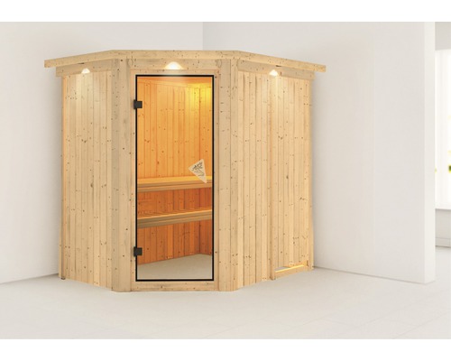 Sauna modulaire Karibu Laja sans poêle avec couronne et porte vitrée coloris bronze