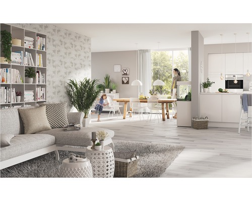 Salon avec canapé, étagère, table à manger et cuisine dans un concept d'espace ouvert.