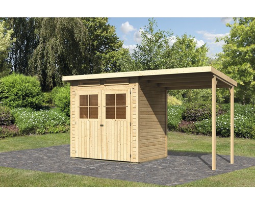 Abri de jardin Karibu Glücksburg 2 avec extension de toit 415 x 175 cm naturel Abri de jardin en bois avec auvent dans le jardin