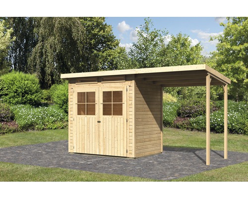 Abri de jardin Karibu Glücksburg 2 avec extension de toit 415 x 175 cm naturel