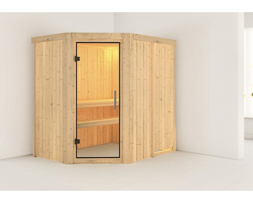 Sauna modulaire Karibu Laja sans poêle ni couronne, avec porte entièrement vitrée transparente